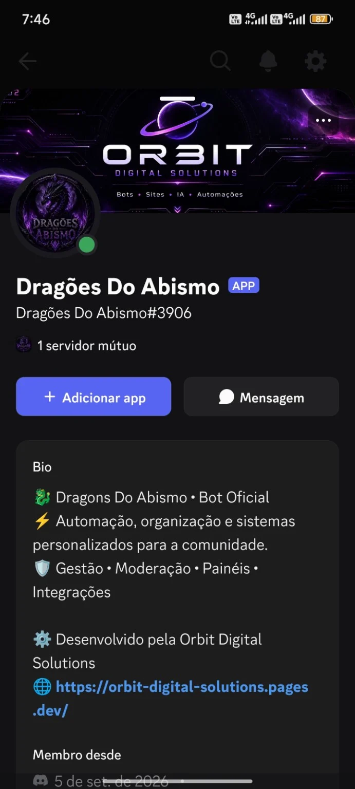 Perfil do bot Dragões do Abismo no Discord