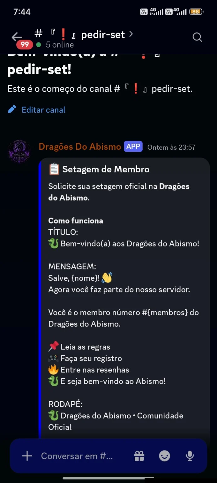 Painel de setagem do Dragões do Abismo